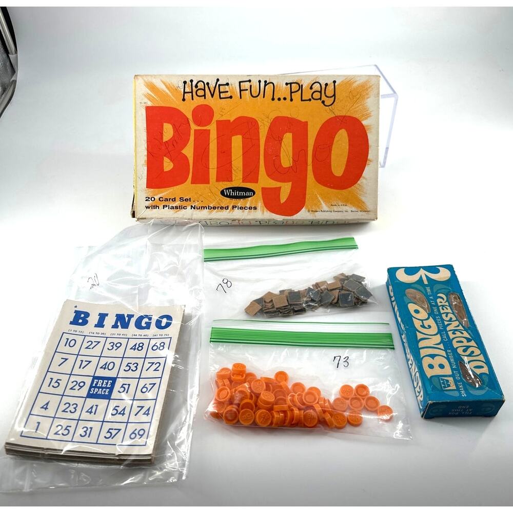 Vintage Whitman Bingo Game 20 Card Set w/ Plastic Markers & Box – 1970s